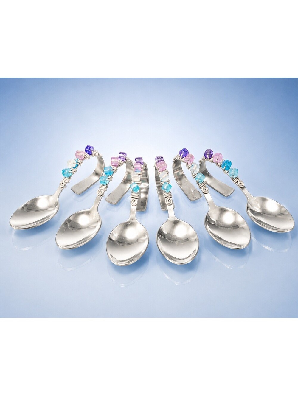 Artisan Vintage 1990s 6 Bent Stainless Steel Appetizer Spoons Lucite Beads, 5.5”
